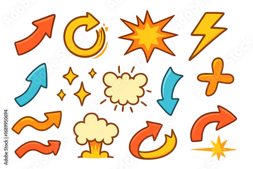 Set of cartoon comic-style graphic elements. Collection includes colorful arrows, action and motion effects like explosion, boom, sparkle, zap, and lightning bolt. Vector illustration.