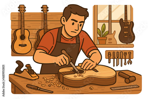 Luthier making a guitar in a workshop. Man crafting handmade acoustic musical instrument with wood carving tools. Artisan carpenter working. Hobby and craft concept. Vector illustration.