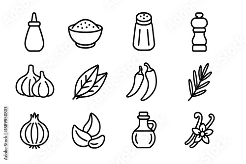Food ingredients outline icon set. Spices, herbs, condiments collection. Vector line symbols for cooking. Garlic, chili, onion, salt, pepper, rosemary, vanilla, olive oil.