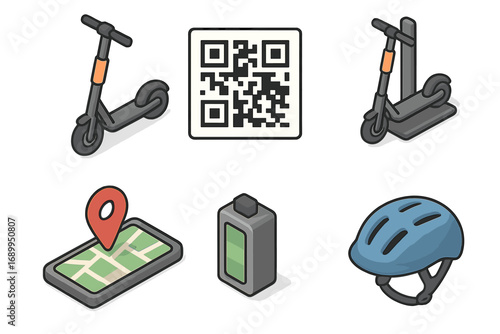 Isometric electric scooter rental icon set. E-scooter sharing service elements: QR code, app navigation, battery, dock station, helmet. Urban mobility vector illustration.
