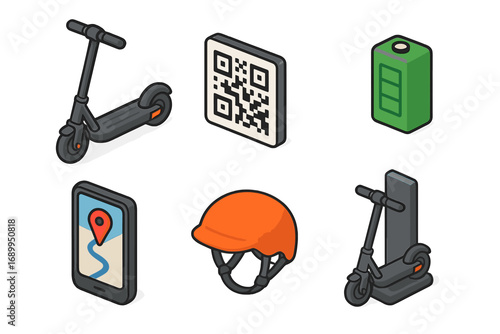 Isometric electric scooter sharing service icon set. E-scooter rental with mobile app, QR code payment, battery, navigation, safety helmet, and charging dock vector illustration.