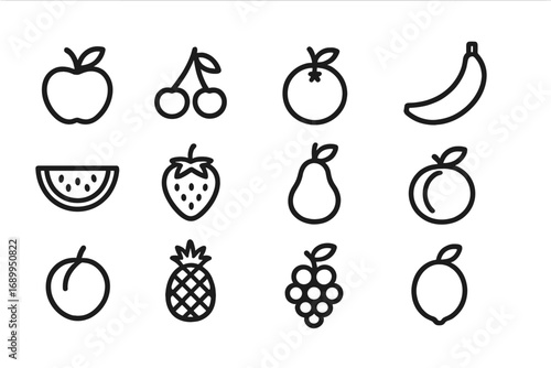 Fruit outline icon set. Simple minimalist line art icons for healthy living. Vector pictogram collection. Includes apple, cherry, orange, banana, watermelon, strawberry, pear.