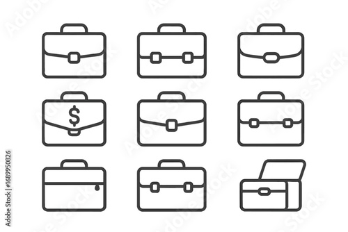Briefcase line icon set. Business portfolio, diplomat case and suitcase editable stroke symbols. Financial bag with money dollar sign. Web pictogram collection for apps.