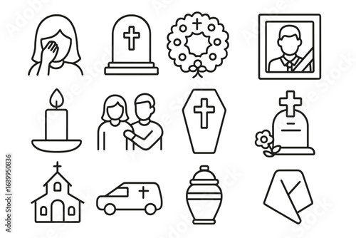 Funeral and mourning line icon set. Grief, memorial, and ceremony symbols. Vector illustration of death, loss, burial, cemetery, tombstone, coffin, urn and remembrance.