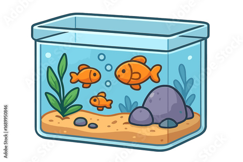 Cute cartoon aquarium with goldfish. Vector illustration of a fish tank with pet fish, aquatic plants, and rocks. Concept for home decor, pet shop, aquatic life, water.