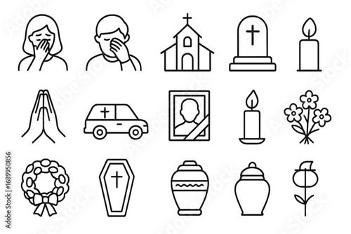 Funeral and mourning line icon set. Grief, memorial, and ceremony symbols. Death, burial, and cemetery concepts. Vector icons for hearse, coffin, urn, gravestone, wreath.