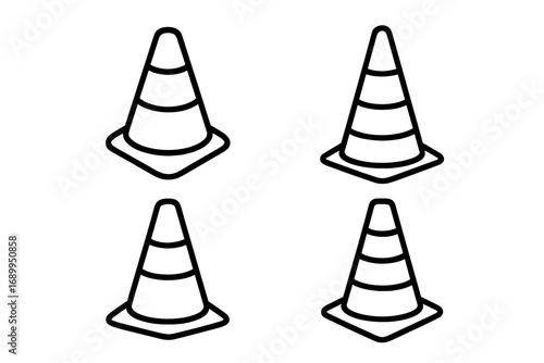 Traffic cone line icon collection. Road safety and construction warning symbol set. Vector pylon pictogram for web design. Isometric outline illustration, editable stroke.