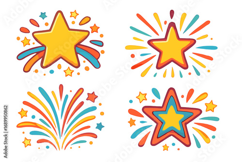 Set of colorful stars and fireworks. Cartoon celebration burst and sparkle icons. Winner achievement or success symbol collection. Vector graphic elements for festive design.