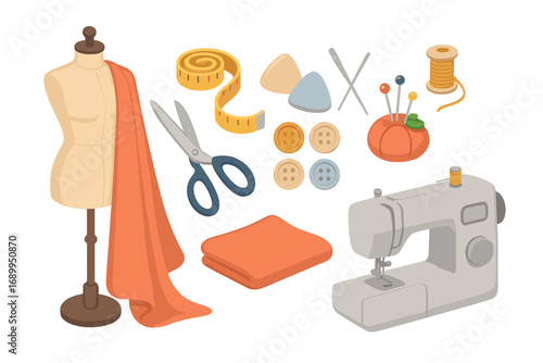 Isometric sewing tools and tailoring equipment set. Vector illustration for dressmaking, fashion design or hobby. Mannequin, sewing machine, fabric, thread and scissors.