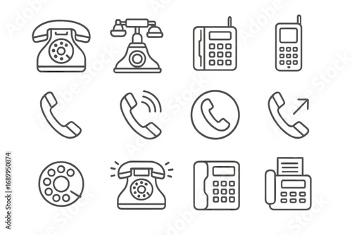 Retro telephone line icons. Set of vintage rotary phone, old mobile, and fax vector symbols. Communication outline signs for graphic design, web, and mobile apps. Call icon.