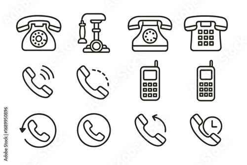 Phone communication line icon set. Includes retro rotary dial telephone, vintage candlestick phone, and old mobile cell phone symbols. Vector outline signs for graphic design, apps.