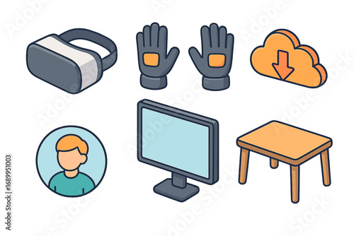 Isometric tech objects set for virtual reality. VR headset, gaming gloves, computer monitor, cloud download icon, user profile avatar, and desk. Vector cartoon illustration.