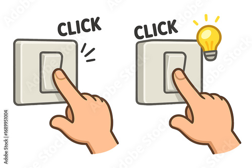 Hand with finger pushing light switch. Light on and off sequence. Click sound effect. Electric home button. Concept of idea, innovation, energy saving. Vector cartoon set.