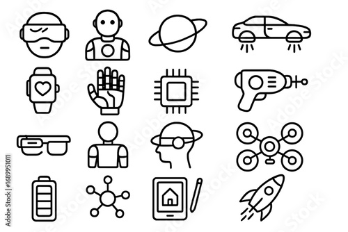 Futuristic technology outline icon set. Gadgets, devices, and innovation vector collection. Robot, AI, VR, drone, flying car, smart watch, rocket, and science concepts.