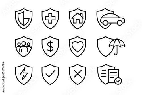 Insurance icons set. Shield protection symbol collection. Health, car, home, life and financial security. Outline vector line art for web design, app, and safety concept.