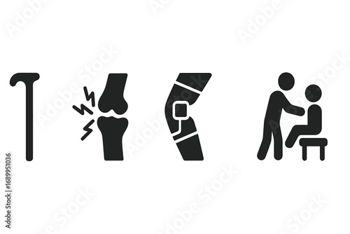 Arthritis and joint pain solid icon set. Vector illustration of mobility support, walking cane, knee brace, and physical therapy. Medical icons for orthopedic care.