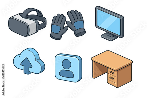 Set of isometric technology icons. VR headset, gloves, monitor, cloud upload, user profile, and desk. Vector cartoon objects for metaverse, gaming, and remote work concepts.