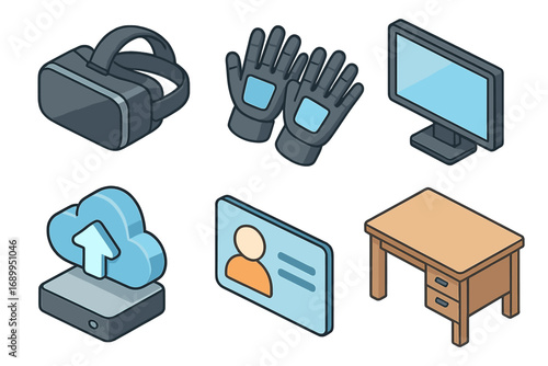 Virtual reality technology vector icon set. Isometric VR headset, data gloves, monitor, cloud server upload, user ID card and office desk. Cartoon collection for metaverse.