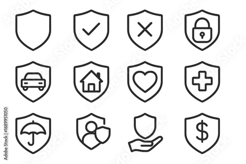 Insurance and protection vector line icon set. Shield symbols for safety and security concepts. Includes car, home, health, life, and financial coverage. Outline illustrations.