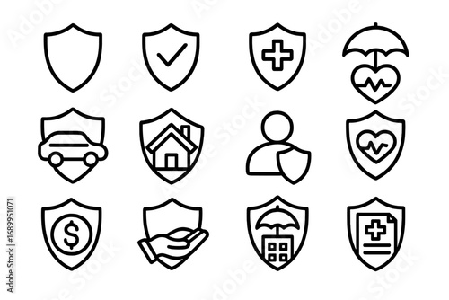 Insurance shield line icon set. Protection concepts for life, health, home, car, finance. Vector outline symbols for safety, security, guarantee, policy. Medical, property signs.