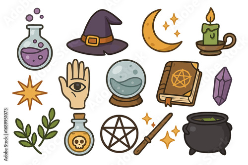 Magic witchcraft vector set. Mystical wizard items collection. Esoteric occult symbols for Halloween. Potion, witch hat, crystal ball, spellbook, cauldron, wand, pentagram.