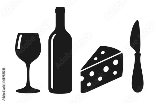 Wine and cheese silhouette vector icon set. Elegant dining symbols of a wine bottle, glass, cheese wedge, and knife. Gourmet food and drink for a restaurant or bar menu design.
