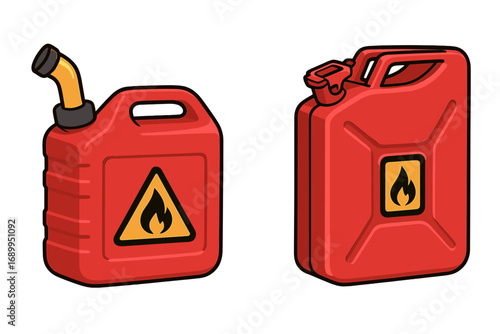 Two red fuel containers vector set. Gas can and jerrycan with flammable liquid hazard warning symbol. Emergency gasoline, petrol, diesel storage cartoon icon. Isolated on white.
