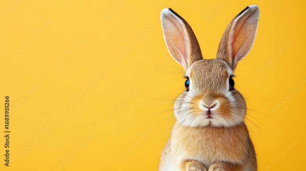 Fototapeta premium Close-up of a curious light brown rabbit with large ears standing against a bright yellow background