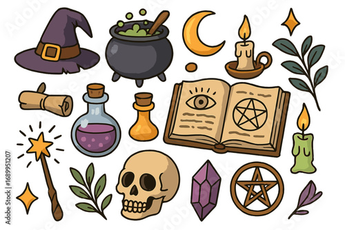 Witchcraft magic element collection. Esoteric, occult, mystical symbols. Set with witch hat, cauldron, skull, potion, spell book, wand, pentagram. Cartoon vector for Halloween.
