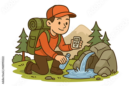 Hiker testing water quality. Man collecting from mountain spring. Concept survival, adventure, trekking. Water purity analysis with digital TDS meter. Cartoon vector illustration.
