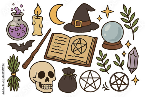 Mystical witchcraft and magic collection. Set of esoteric wiccan symbols for alchemy and spells. Includes spellbook, potion, crystal ball, skull, pentagram and witch hat.