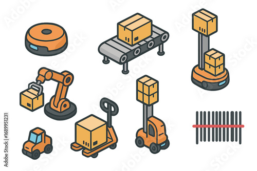 Isometric warehouse automation icon set. Vector illustration of logistics and distribution technology with robotic arm, conveyor, forklift, AGV, and barcode scanner.