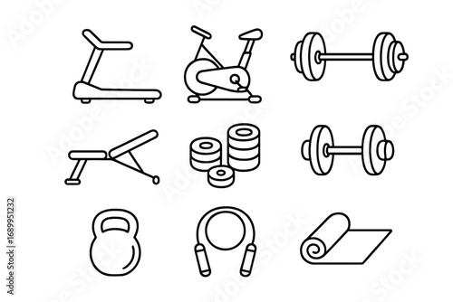 Gym equipment outline icon set. Fitness and exercise workout icons for health apps. Vector illustration includes treadmill, dumbbell, kettlebell, barbell, bike, and a yoga mat.