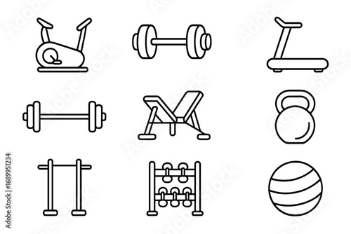 Gym equipment outline icon set. Fitness and exercise line icons for health apps. Vector sport, workout, and bodybuilding symbols like dumbbell, treadmill, and kettlebell.