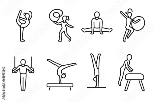 Gymnastics line icon set. Artistic and rhythmic gymnastics symbols. Vector pictograms of athlete, sport, exercise, fitness. Apparatus collection: rings, beam, pommel horse.