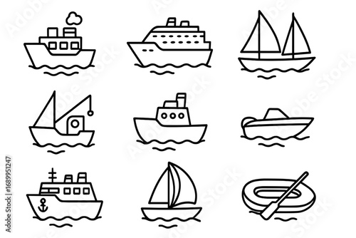 Ship and boat line icon set. Vector collection of watercraft symbols for transportation and travel. Includes cruise liner, sailboat, fishing boat, ferry, yacht, and dinghy.