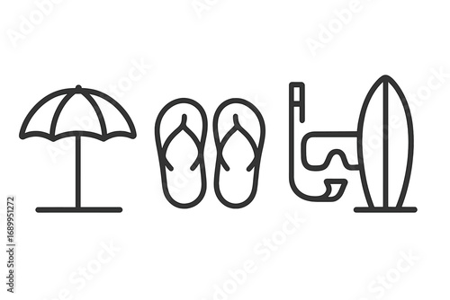 Minimalist beach icons set. Summer vacation and travel symbols. Simple line art with umbrella, flip flops, snorkel, and surfboard. Ocean holiday vector illustration collection.