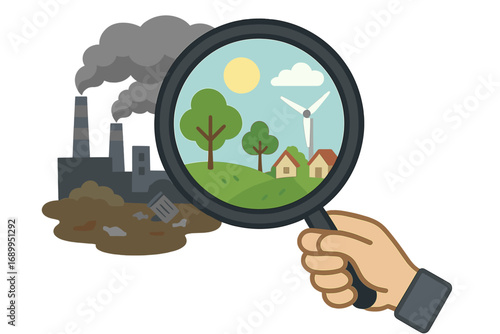 Contrast between pollution and sustainable growth. Magnifying glass reveals a clean, green environment with wind power, over a dirty industrial factory. Ecology and choice concept.