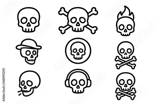 Skull and crossbones thin line icon set. Vector death, danger, poison, pirate and Halloween signs. Simple outline skeleton head symbol collection for graphic and web design.
