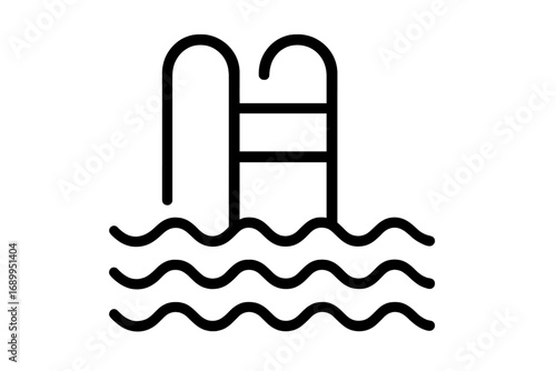 Swimming pool line icon. Simple vector symbol of a ladder in water. Minimalistic pictogram for web, ui, ux. Summer vacation, hotel, sport, swim, recreation concept. Waterpark.