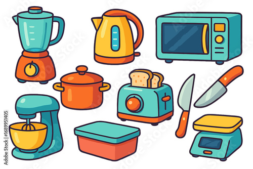 Set of colorful kitchen appliances and cooking tools. Vector cartoon illustration of modern household equipment like mixer, blender, toaster, microwave, kettle, pot, and scale.