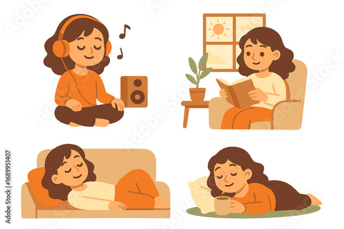 Woman character set enjoying cozy indoor activities at home. Girl listening to music, reading a book, resting on the sofa, drinking coffee. Self-care and relaxation concept vector.