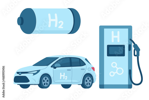 Hydrogen fuel car with H2 tank and refueling station. Eco-friendly transport concept. Green energy, zero emission vehicle. Alternative fuel technology vector illustration set.