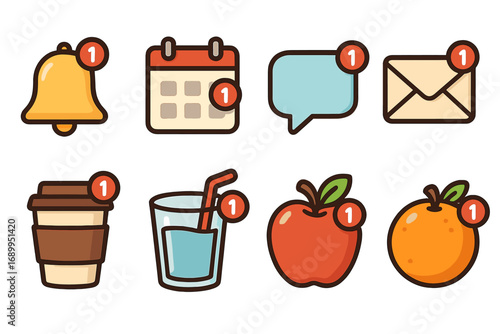 Notification icon set for daily routine reminders. Cute cartoon vectors of bell, calendar, message, mail, coffee, water, and fruit for mobile app UI, UX, and web design.