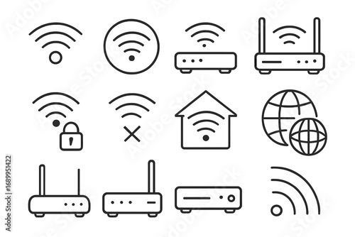 WiFi router wireless internet connection line icon set. Network signal technology outline signs. Vector symbols for web design, app, UI UX. Modem, hotspot, connectivity icons.