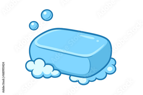 Cartoon bar of soap with foam and bubbles vector illustration. Hygiene, cleaning, and washing concept. Isolated icon for personal care, sanitation, and skincare. Cleanliness.