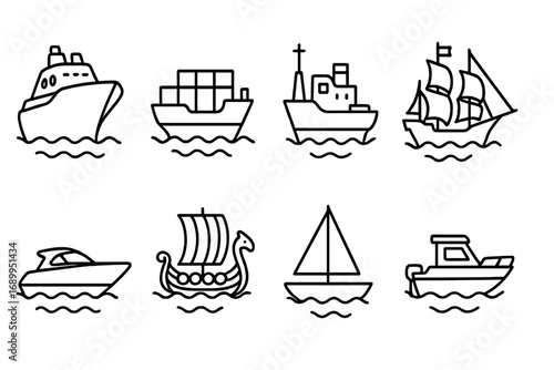Ship and boat line icon set. Vector outline collection for web and graphic design. Includes cruise ship, cargo container, sailboat, Viking drakkar, speedboat, and historic galleon.