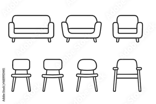 Furniture line icon set. Minimalist collection of sofa, couch, loveseat, chair symbols. Modern outline vector illustration. Isolated graphic element for interior design.