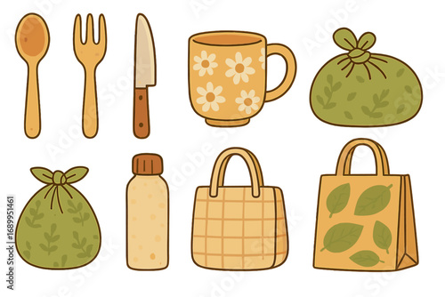 Eco friendly zero waste lifestyle objects set. Reusable tote bag, wooden cutlery, coffee mug, water bottle and fabric food pouch. Vector cartoon flat illustration concept.