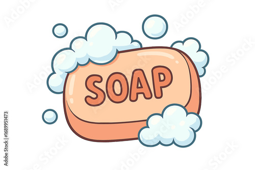 Soap bar with foam bubbles vector cartoon illustration. Concept of hygiene, cleanliness, washing hands, and personal care. Isolated sanitation icon for bathroom, web, and apps.